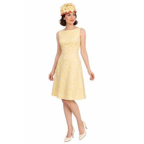Vintage 1960s Yellow Floral Pillbox Hat Orange Raffia Brim Size 7 main image 4